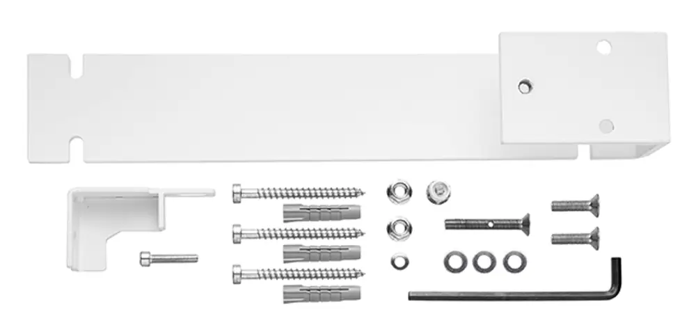 Produktbild: Kermi Befestigungsset (28) SGV1A, SGE1A, Ausführung rechts, RAL9016 SG, ZB04280001 mit Halterung, Schrauben, Dübeln, Muttern, Unterlegscheiben und Inbusschlüssel.